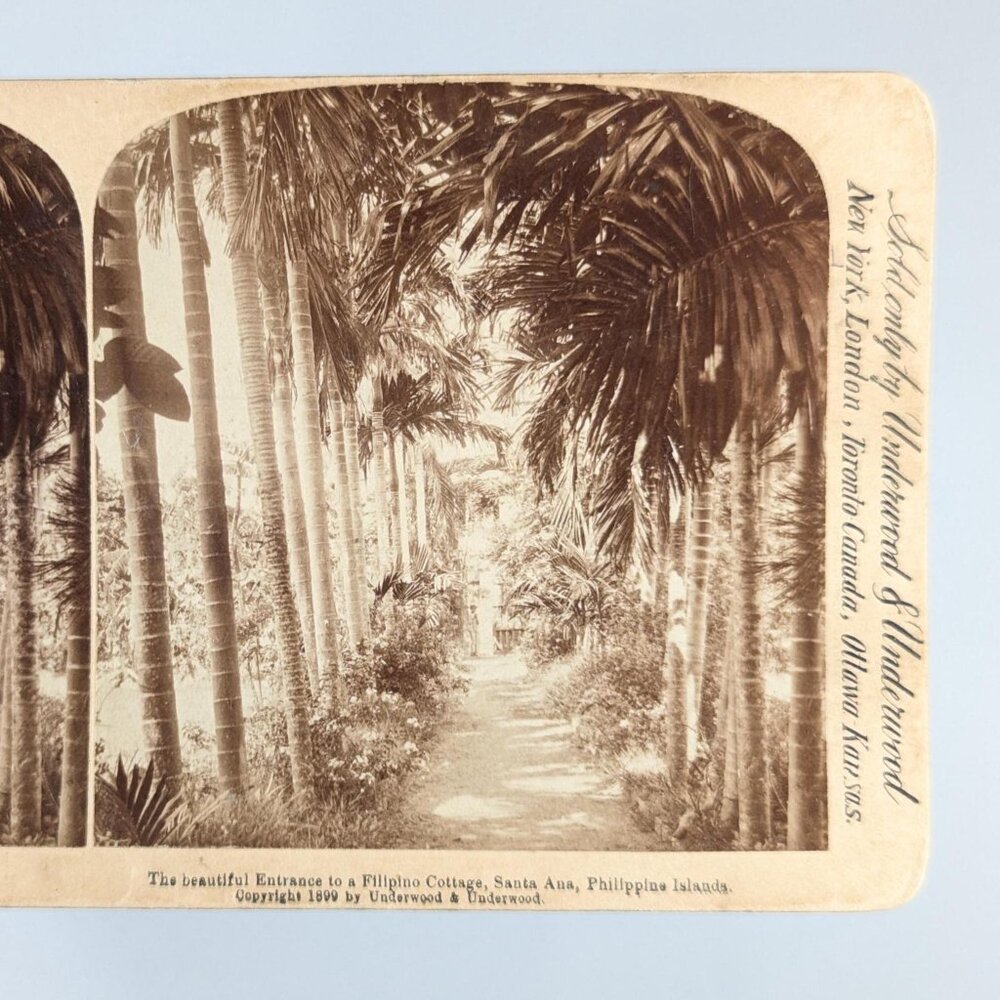 Antique Stereoview card of "the beautiful entrance to a Filipino cottage in